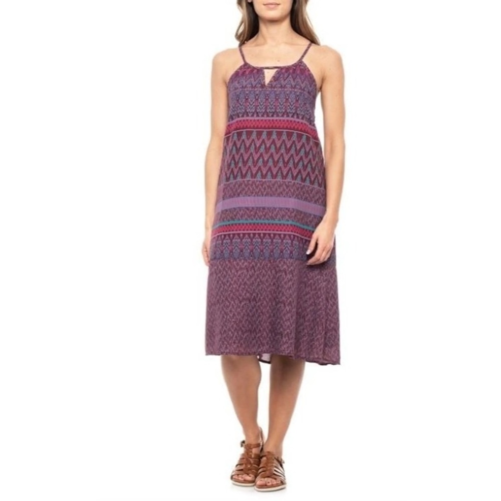 Prana women’s Nari midi dress in black cherry laurel. Size XS